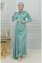Pile detailed satin evening dress 6154-03 green - 2