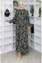 Viscose Fabric Buttoned Dress 2050-03 Black Emerald Green