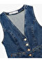 V-Neck Sleeveless Buttoned Pocket Detail Denim Indigo Women's Vest 6Wal20002Md - 5