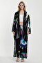 Women's Black Patterned Trousers and Long Kimono Woven Top and Bottom Stylish Set L26-Bcvl-24976