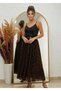 Women's Coffee Color, Suitable for Hijab, Elastic Waist, Belt Included, Flocked, Printed Tulle Skirt Length 100 cm