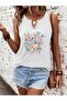 Women's White Printed Half V-Neck Sleeveless Regular Fit Comfortable T-Shirt