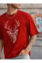 Men's Deer Printed Red T-Shirt 100% Cotton Minimal Streetwear Graphic Tee - 2