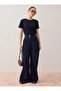 High Waisted Loose Fit Denim Trousers - Navy Blue -