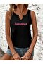 Women's Black Printed Half V-Neck Sleeveless Regular Fit Casual T-Shirt - 4