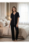 New Season Black Summer Full Buttoned Design Piping Detailed Short Sleeve 100% Cotton Pajama Set - 4