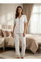 New Season Ecru Summer Full Buttoned Design Piping Detailed Short Sleeve 100% Cotton Pajama Set - 5