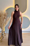 Elegant Brown Dress with High Collar and Pleated Draping - 3