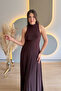 Elegant Brown Dress with High Collar and Pleated Draping - 8