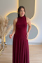 Elegant Burgundy Dress with High Collar and Pleated Draping