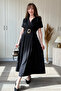 Tencel Fabric Gold Belt Detailed Midi Black Dress - 8