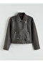 Gray Shirt Collar Women's Leather-Look Jacket - 6