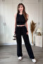 Ruffled Crop Crew Neck Black Pants Set - 2