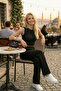 Women's Black Bubble Wrinkled Fabric Zero-Neck Crop Top and Wide-Leg Pants Two-Piece Set - 6