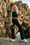 Women's Black Bubble Wrinkled Fabric Zero-Neck Crop Top and Wide-Leg Pants Two-Piece Set - 3