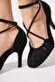 Polenas Front Open Side Open Crossed Women's Heeled Shoes Black Suede - 4