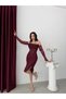 Burgundy Lace Embroidered Midi Evening Dress with Stone Detail - 2