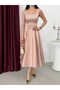 Powder Square Neck Strap Belted Satin Midi Evening Dress - 5