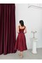 Burgundy Square Neck Strap Belted Satin Midi Evening Dress - 6