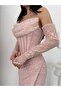 Powder Lace Embroidered Stone Detailed Midi Evening Dress - 5