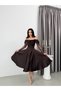 Brown Off-Shoulder Lace Detailed Midi Evening Dress - 3