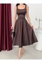 Brown Square Neck Strap Belted Satin Midi Evening Dress - 6