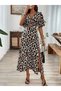 Women's Short Sleeve V-Neck Dress with Elastic Waist Slit Long Leopard Printed Piece Single Jersey Dress - 3