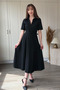 Shirt Collar Belted Adjustable Decolletage Elegant Midi Black Dress - 6