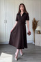 Shirt Collar Belted Adjustable Decolletage Elegant Midi Brown Dress - 2