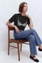 Women's Double Oversize T-Shirt Lingerie Sketch Blue Printed Black – Comfortable Fit, 100% Cotton - 2