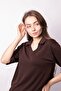 Women's Soft Textured Stretchy Fabric V-Neck Collar Off Shoulder Elbow Length Sleeves Oversize Blouse-Coffee - 5