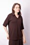 Women's Soft Textured Stretchy Fabric V-Neck Collar Off Shoulder Elbow Length Sleeves Oversize Blouse-Coffee - 2