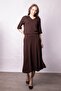 Women's Soft Textured Stretchy Fabric V-Neck Collar Off Shoulder Elbow Length Sleeves Oversize Blouse-Coffee