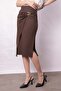 Women's Lightweight Lycra Fabric Double-Breasted Pencil Skirt with Accessories and Side Deep Slits Below the Knee - Brown - 4