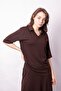 Women's Soft Textured Stretchy Fabric V-Neck Collar Off Shoulder Elbow Length Sleeves Oversize Blouse-Coffee - 4