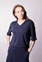 Women's Soft Textured Stretchy Fabric V-Neck Collar Off Shoulder Elbow Length Sleeves Oversize Blouse-Navy Blue - 7