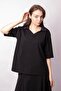 Women's Soft Textured Stretchy Fabric V-Neck Collar Off Shoulder Elbow Length Sleeve Oversize Blouse-Black - 3