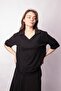Women's Soft Textured Stretchy Fabric V-Neck Collar Off Shoulder Elbow Length Sleeve Oversize Blouse-Black