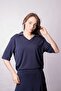 Women's Soft Textured Stretchy Fabric V-Neck Collar Off Shoulder Elbow Length Sleeves Oversize Blouse-Navy Blue - 6