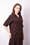 Women's Soft Textured Stretchy Fabric V-Neck Collar Off Shoulder Elbow Length Sleeves Oversize Blouse-Coffee - 3