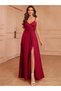Women's Rope Strap Burgundy Double Breasted Collar Slit Crepe Fabric Long Evening Dress - 7