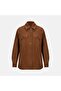 Women's Brown Shirt Collar Suede Jacket with Sporty Stitching Detail - 2