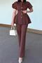Women's Brown Gold Button Detailed Peplum Cut Premium Suit Nbstr4423 - 3