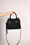 Women's Long Strap 3-Compartment Black Shoulder and Hand Bag with Black Accessories Black 3D Patterned - 3