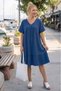 Dark Blue V-Neck Short Sleeve Skirt Ruffled Casual Muslin Wide Cut Woven Dress 106 75 - 3