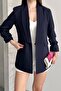 Women's Navy Blue Blazer Jacket with Gathered Sleeve Detail, Stylish Office Jacket, Double-Breasted Collar, Modern Blazer Jacket - 5