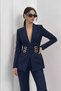 Women's Two-Piece Stylish Gold Belted Padded Shoulders Blazer Jacket Wide-Leg Pants Set - 2