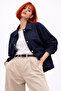 Women's Navy Blue Oversize Seasonal Gabardine Jacket with Snap Detail - 7