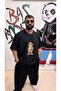 Teddy Bear Patterned Black Short-Sleeved Set with Deep Pockets and a Crew Neck Black T-Shirt - 2