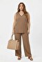 Collar Bead Detailed Women's Plus Size Blouse Trousers Set Mink